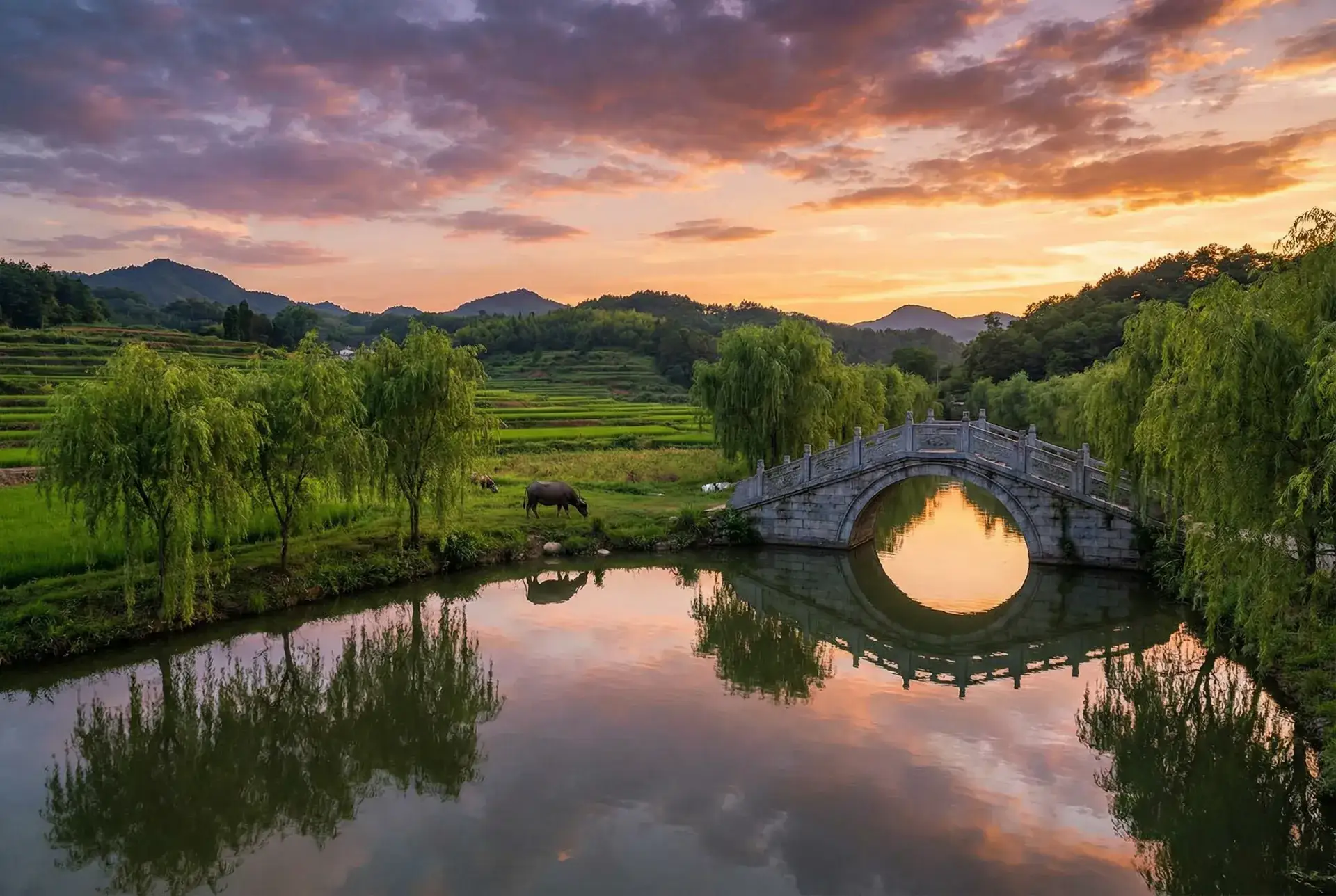 夕阳下的石拱桥与垂柳，水牛在河边吃草 - 苍井空电影迅雷下载 乡村美景